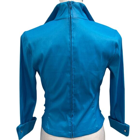 VTG 80s Tadashi Shoji Turquoise Ruched Iridescent Taffeta Blouse Small Glam Bold - Picture 2 of 9